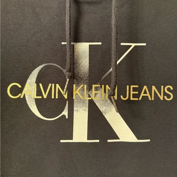 CALVIN KLEIN Women’s Black Pullover Hooded Sweatshirt with Gold Logo Large - Picture 2 of 5
